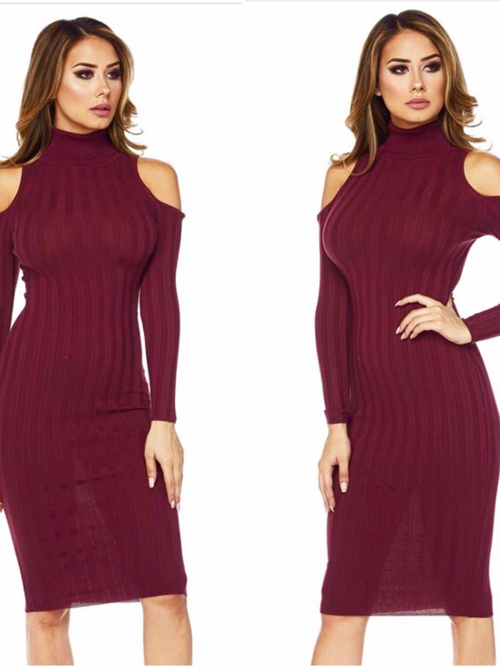 Burgundy Cold-Shoulder Ribbed Midi Dress